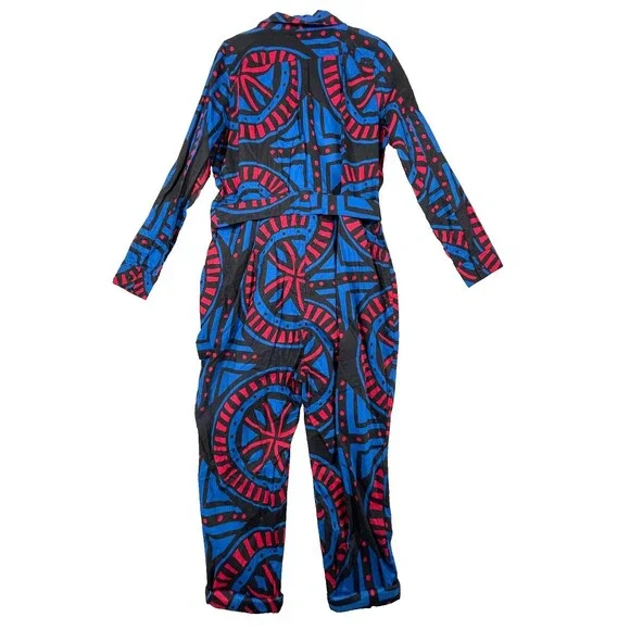 Vibrant Geometric Jumpsuit in Blue and Red - Picture 3 of 16